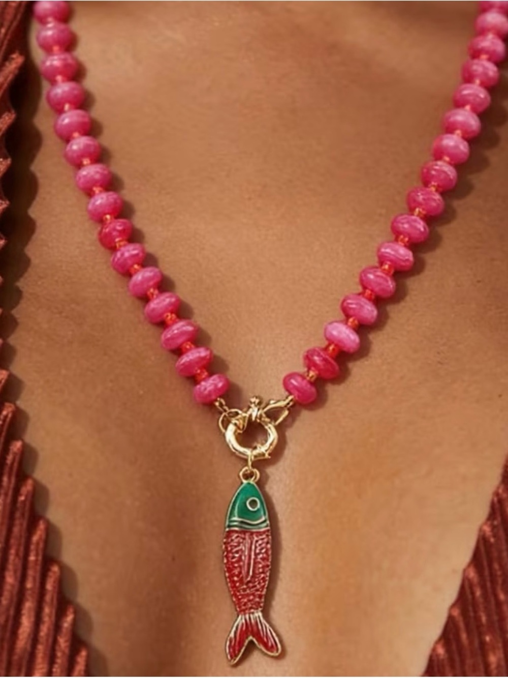 Gold Fish Pendant Pink Beaded Necklace